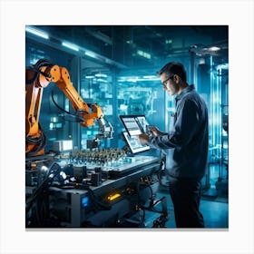 Cyber Industrial Interface Showcasing A Factory Manager Overseeing A High Tech Manufacturing Floor 2 1 Canvas Print