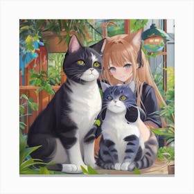 Two Cats And A Girl Canvas Print