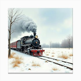 Rustic Train In A Watercolor Scene Of A Tranquil Snow Covered Field 1 Canvas Print