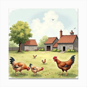 An English Farmyard With Chickens And Rustic Barns, Watercolor Scene 1 Canvas Print