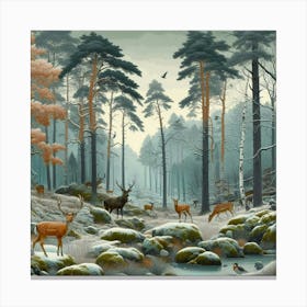 Deer In The Foggy Winter Forest, Acrylic Painting Style Canvas Print