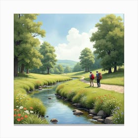 A Picturesque English Countryside Scene With A Babbling Brook And Hikers, Watercolor 1 Canvas Print