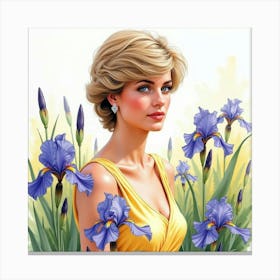 Watercolor Portrait Of Princess Diana Amidst A Field Of Irises 1 Canvas Print