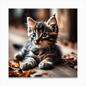 Kitten In Autumn Leaves Canvas Print