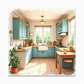 Bright And Cozy Kitchen Watercolor, Lively And Inviting 1 Canvas Print