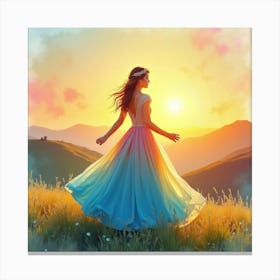 Radiant Dress Watercolor, With A Bright Sunrise Over Hills 1 Canvas Print