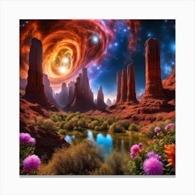 Space Landscape With Flowers Canvas Print