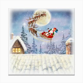 Santa Claus Flying Over House Canvas Print