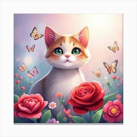 Cat With Roses And Butterflies Canvas Print