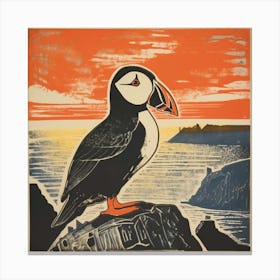 Retro Bird Lithograph Puffin 3 Canvas Print