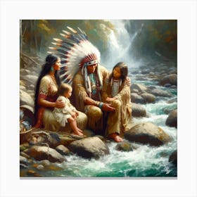 Oil Texture Native American Family By Stream Copy Canvas Print