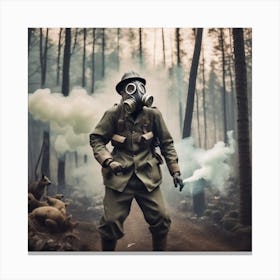 Wwii Soldier In Gas Mask In The Forest Canvas Print