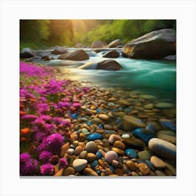 Rocky Stream With Flowers Canvas Print