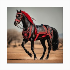 Lindo Caballo Negro Con Adornos Rojos Insolitos Canvas Print