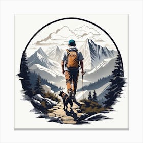 Hiker With Dog, man hiking with dog a trail through the Vintage mountains Canvas Print
