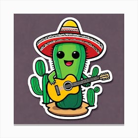 Cactus Wearing Mexican Sombrero And Poncho And Guitar Sticker 2d Cute Fantasy Dreamy Vector Ill (47) Canvas Print