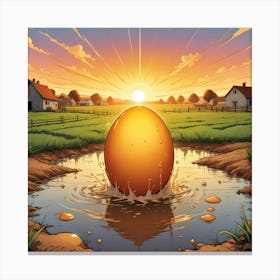 A Comic Book Style Illustration Of A Golden Egg Splashing Into A Puddle Of Water On A Farm At Sunset Canvas Print