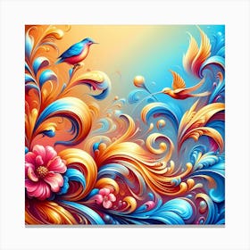 Colorful Floral Background With Birds And Flowers Canvas Print