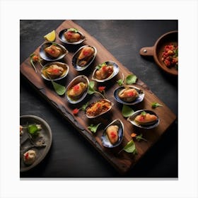 Mussels On A Wooden Board Canvas Print
