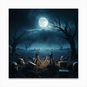 Gothic Style Illustration Skeletal Hands Breaking Through The Soil Full Moon Casting An Eerie Glow 2 Canvas Print