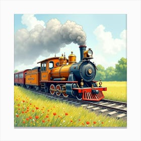 Rustic Locomotive Chugging Through A Beautiful Watercolor Meadow 1 Canvas Print