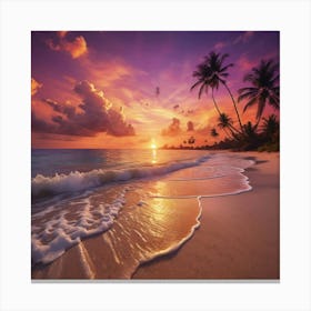 Sunset On A Tropical Island Barefoot On Warm Sand Merging With The Crystal Clear Sea Canvas Print