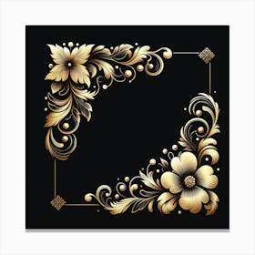 A digital artwork of a highly detailed floral frame with intricate golden flowers and leaves on a solid black background, perfect for adding a touch of elegance to any room. Canvas Print