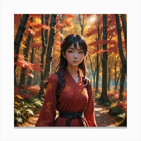 Asian Girl In Autumn Forest Canvas Print