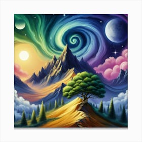 Mountain With Spiral Moon Sun Large Tree Canvas Print