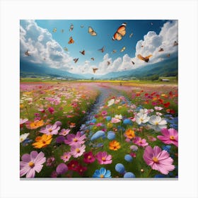 Colorful Flower Field With Butterflies 1 Canvas Print