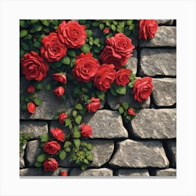 Red Climbing Roses On Stone Wall Canvas Print