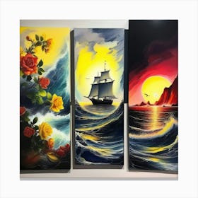 hree different vertical panels, ocean sea ⛵ ships 8 Canvas Print