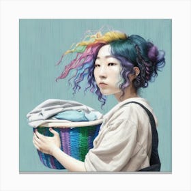 Asian Girl With Rainbow Hair Laundry Canvas Print