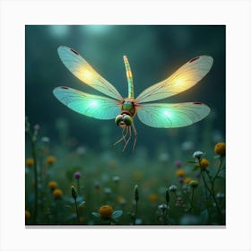 A Whimsical Dragonfly With Wings Of Shifting, Bioluminescent Light Hovering Over A Surreal Meadow 1 Canvas Print