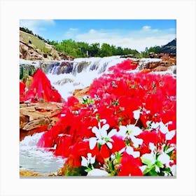 Red Flowers In A Waterfall Canvas Print