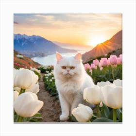 White Cat In Tulips 1 Canvas Print