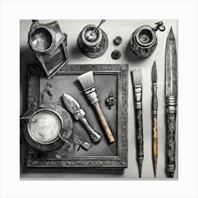 Firefly A Masculine Vintage Italian Inspired Flatlay Of A Creative Workspace For Oil Painting, Styli (2) Canvas Print