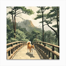 A Shiba Inu Is Walking Across A Wooden Bridge Canvas Print