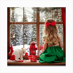 Firefly Little Girl, Blonde, Red Bow, Green Dress, Looking Out, Window, Snow Covered Forest, Fabulou (2) Canvas Print