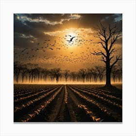 Soaring Birds in Unison Under the Orange Horizon, Their Shadows Long Across the Earth Canvas Print