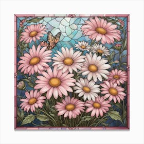 Surrounded by daisies woven into stained glass stencil, Daisies And Butterflies Canvas Print