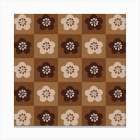 SAKURA CHECKERBOARD Japanese Cherry Blossom Flowers Geometric Checkered Grid in Brown Beige Tan Earth Tones Canvas Print