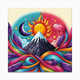 A Mountain With Colorful Streaks Of Ribbon With Purple Feathers Sun And Moon And Star In A Volcano Of Red Flames 3 Canvas Print