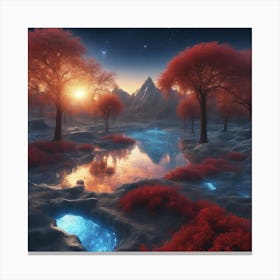 This Is A Surreal, Intricate Sunset Cg Rendering Graph,A Red And Blue Fountain Of Life,The Transpare (1) Canvas Print