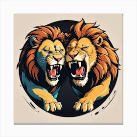 Two Angry Male Lion Roar On Circle Logo Canvas Print