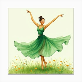 Elegant Dancer With Watercolor Lush Green Meadow 1 Canvas Print