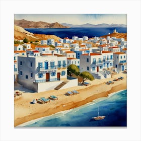 Aegean Village.Summer on a Greek island. Sea. Sand beach. White houses. Blue roofs. The beauty of the place. Watercolor. 3 Canvas Print