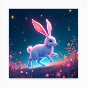 An Abstract Rabbit With Ears Of Cascading, Neon Light Hopping Through A Celestial Meadow Canvas Print