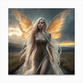 Hyper realistic delicate bright peaceful fairy with long yellow and cream hair fading into the wind, walking in the rain Canvas Print