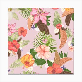 Tropical Watercolor Flowers And Leaves Pattern Square Canvas Print
